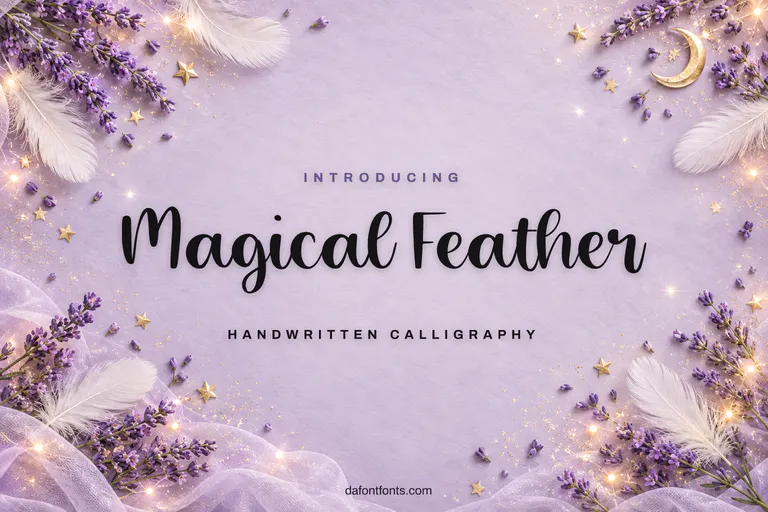 Magical Feather font poster: calligraphy on pale lilac with feathers and stars