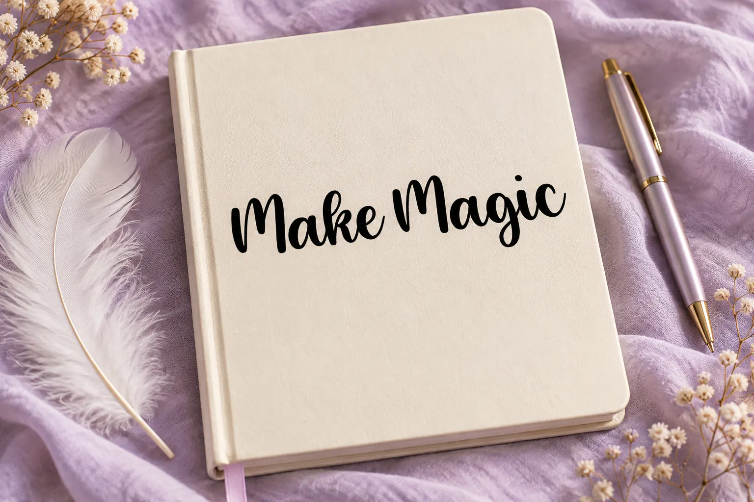 Magical Feather font on a notebook cover reading Make Magic