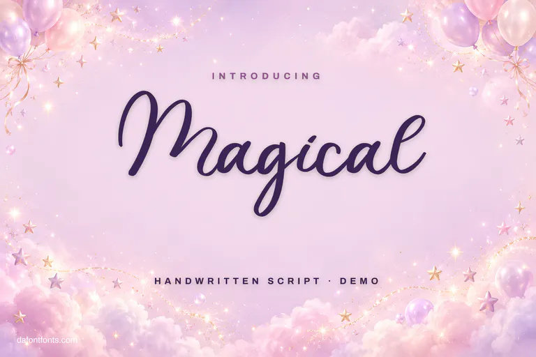 Magical font poster: purple handwritten script on pastel lilac with sparkles