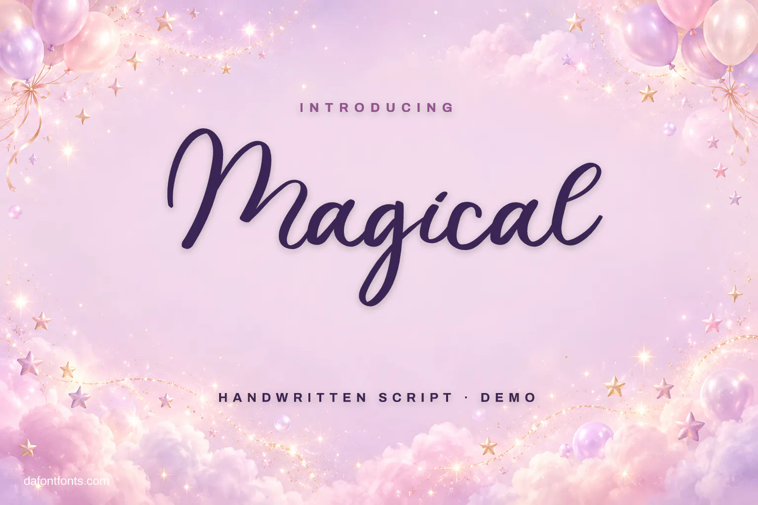 Magical font poster: purple handwritten script on pastel lilac with sparkles