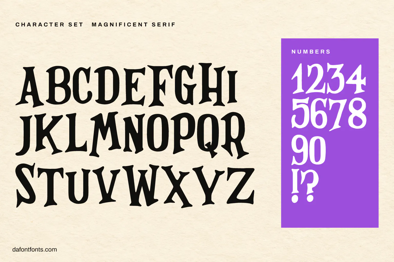 Magnificent Serif character set: capitals, numbers and ! ?