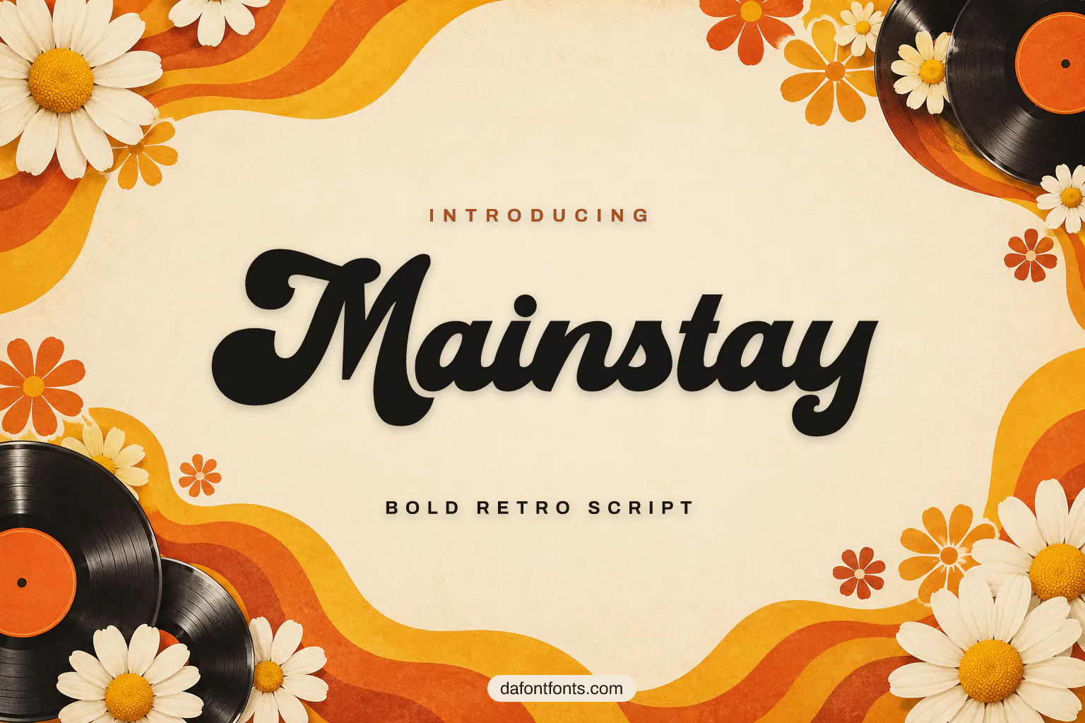 Mainstay font poster: retro script on cream with 70s sun rays and daisies