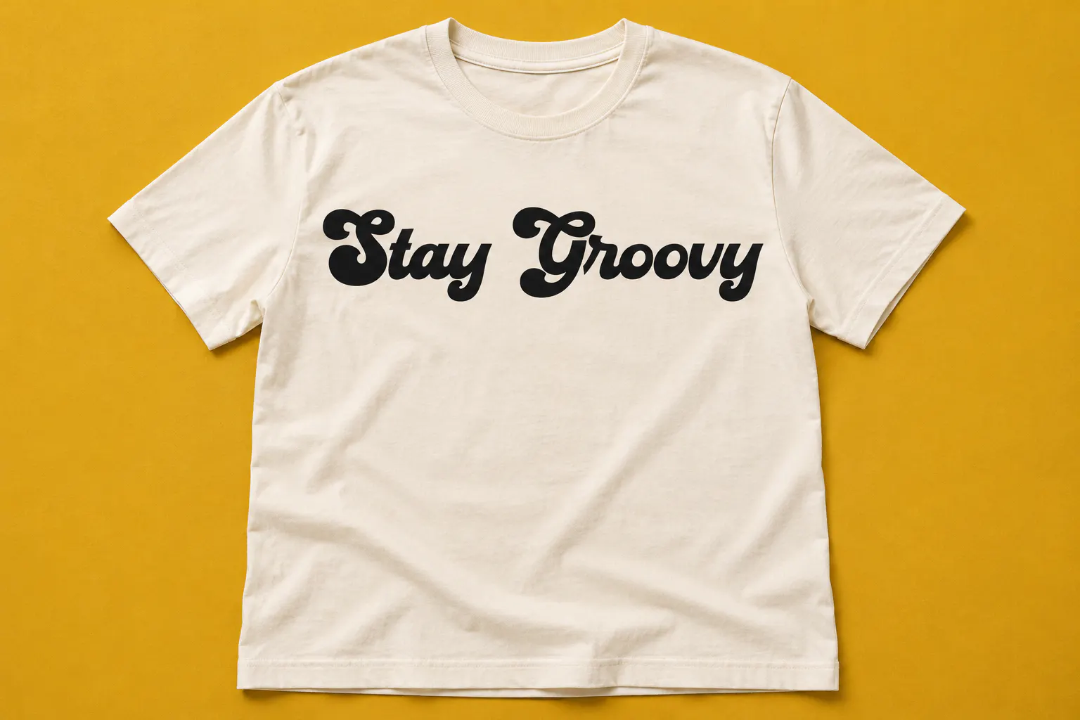 Mainstay font on a cream t-shirt reading Stay Groovy