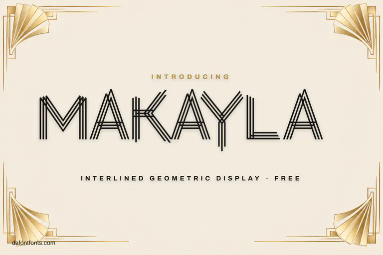 Makayla font poster: black interlined letters on ivory with gold art deco fans