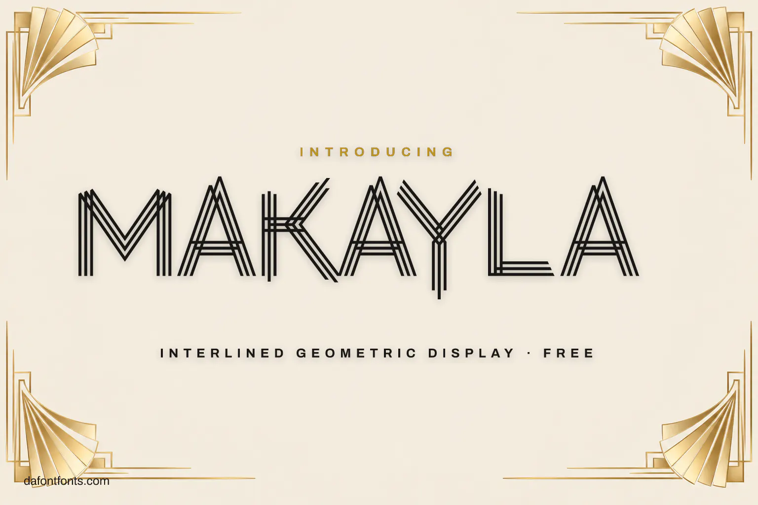 Makayla font poster: black interlined letters on ivory with gold art deco fans