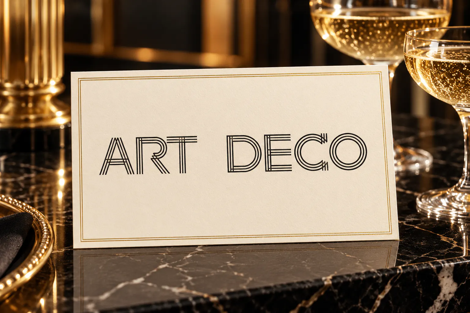 Makayla font on an art deco invitation reading ART DECO