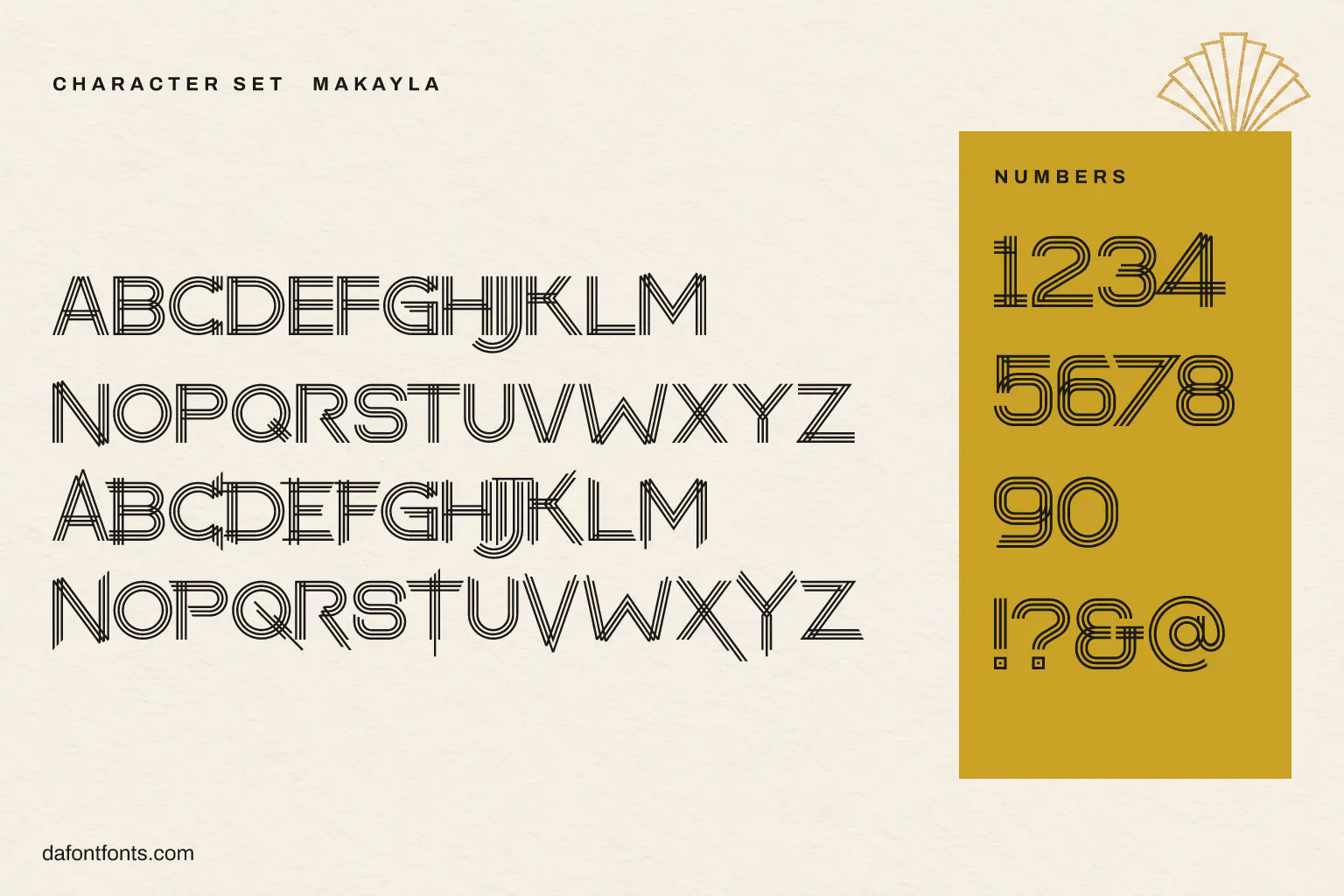 Makayla character set: interlined capitals, alternate capitals on the lowercase keys, numbers and ! ? & @