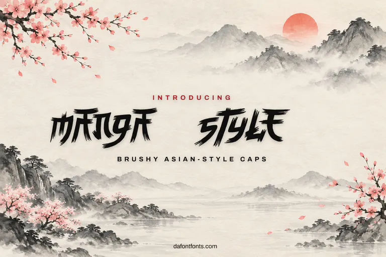Manga Style font poster: black brushy caps on an ink-wash mountain background with a red sun