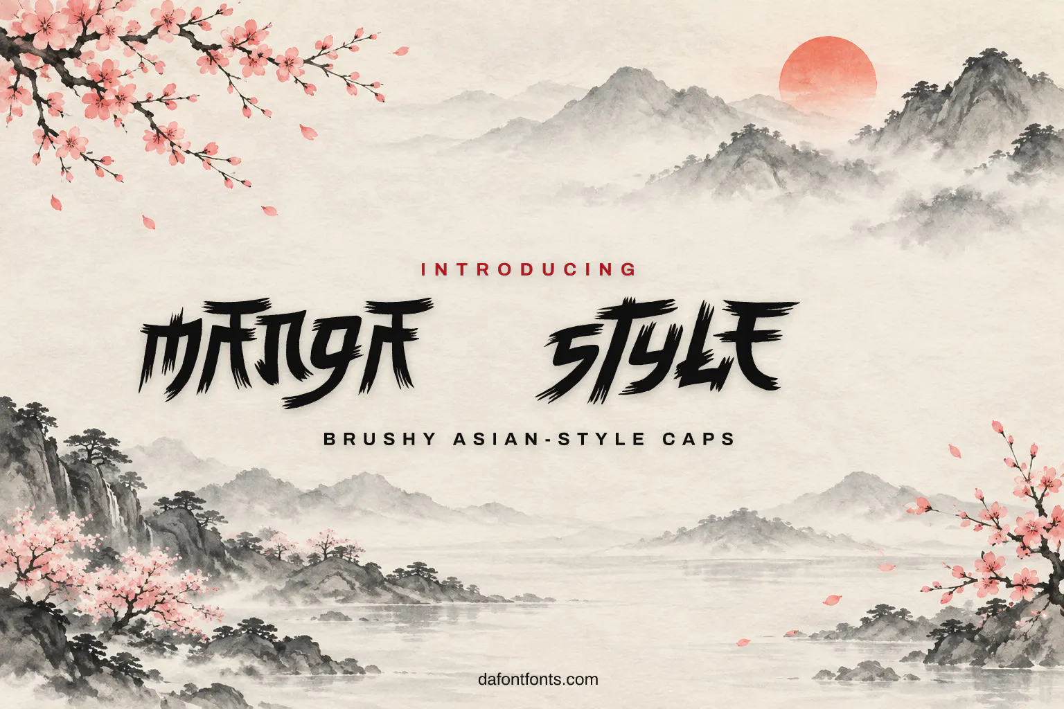 Manga Style font poster: black brushy caps on an ink-wash mountain background with a red sun