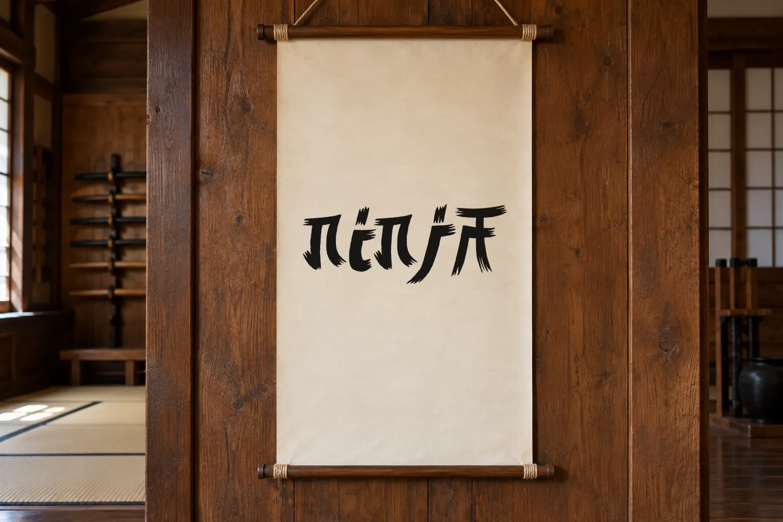 Manga Style font on a dojo banner scroll reading NINJA