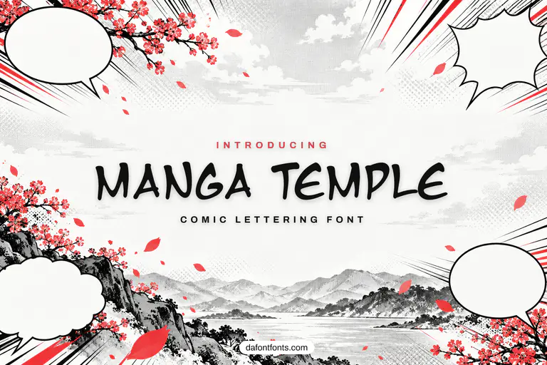 Manga Temple font poster: black comic lettering on a light manga screentone background