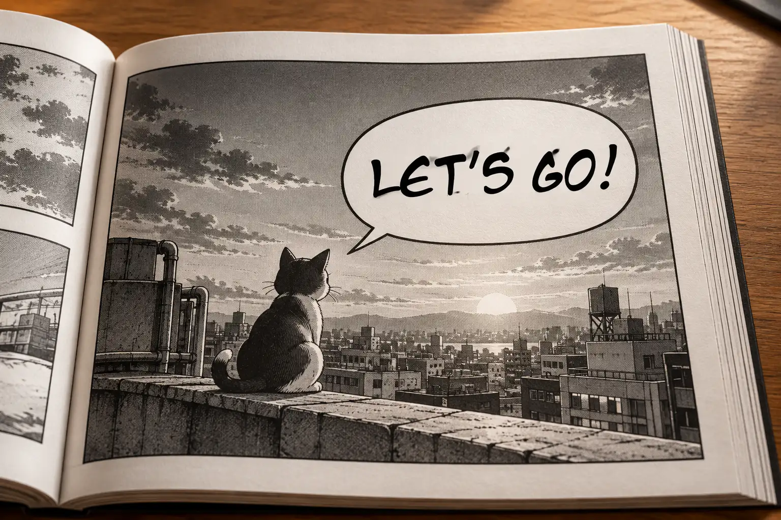 Manga Temple font on a manga panel with a cat and a speech balloon reading LET'S GO!