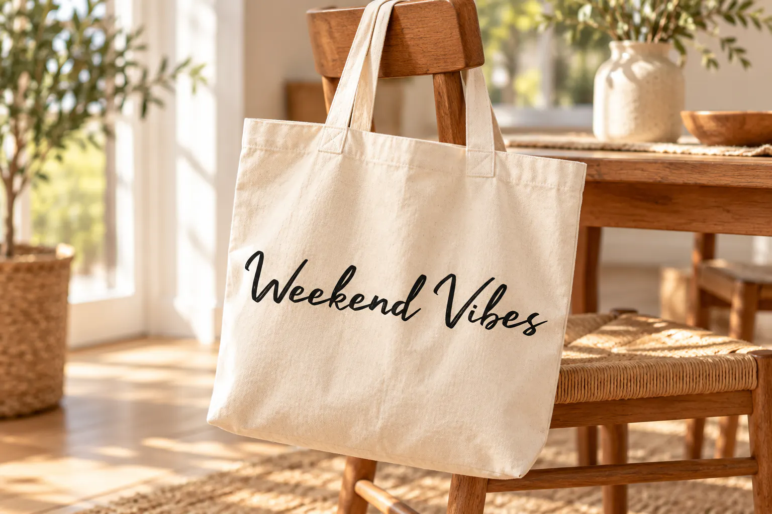 Manyland font on a tote bag reading Weekend Vibes