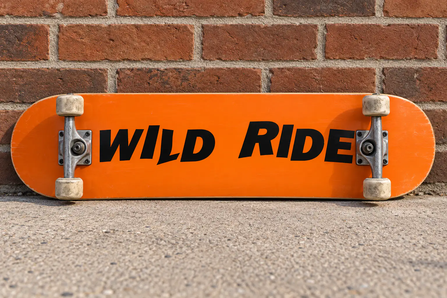 Marola font on a skateboard deck reading WILD RIDE