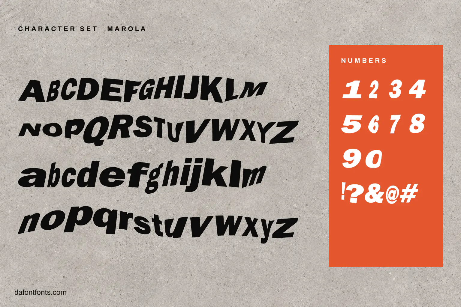 Marola character set: alphabet, numbers and symbols