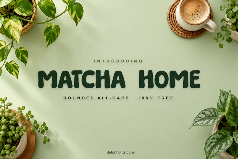 Matcha Home font poster: heavy dark green capitals on a pale green background with houseplants