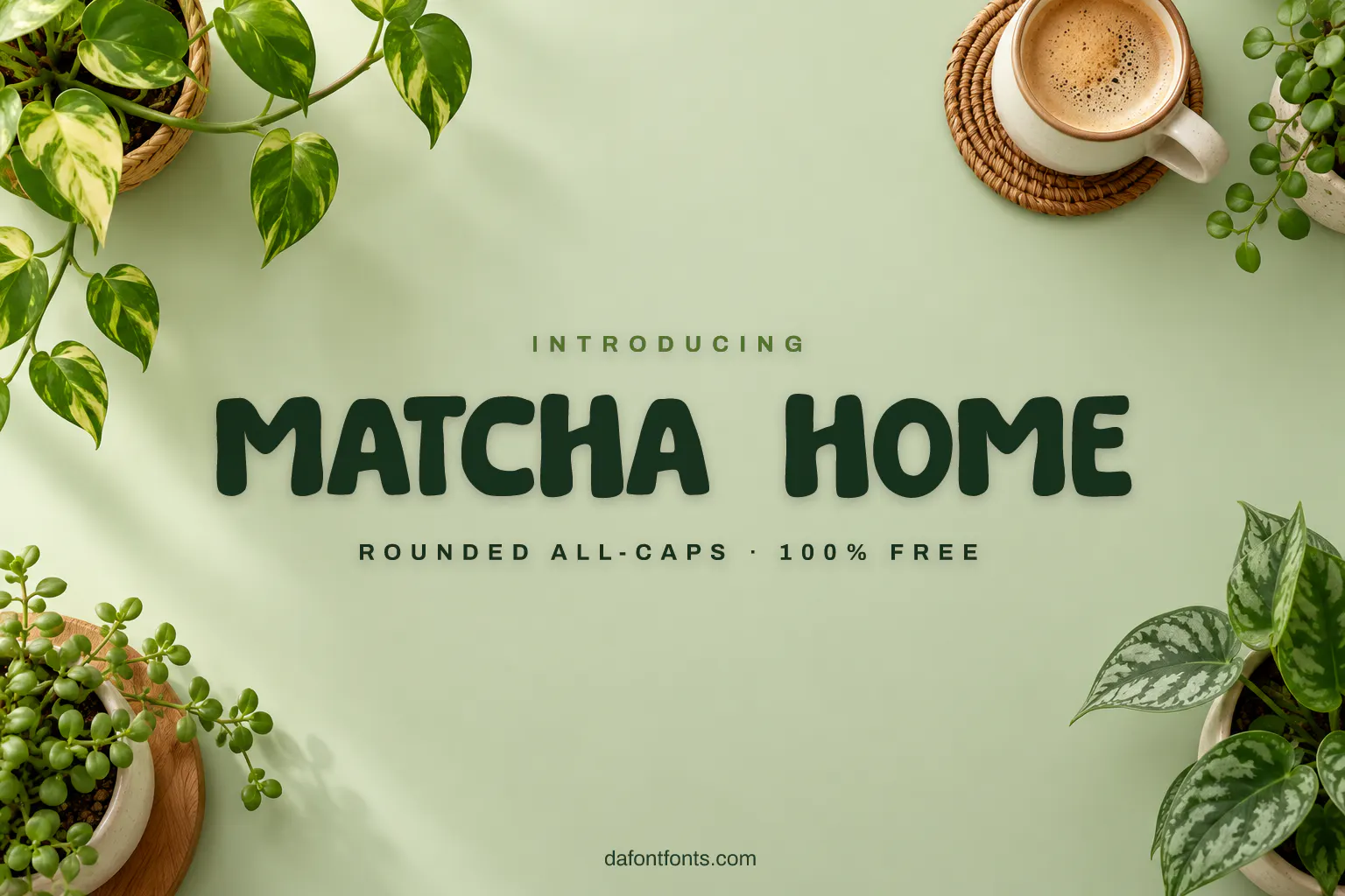 Matcha Home font poster: heavy dark green capitals on a pale green background with houseplants