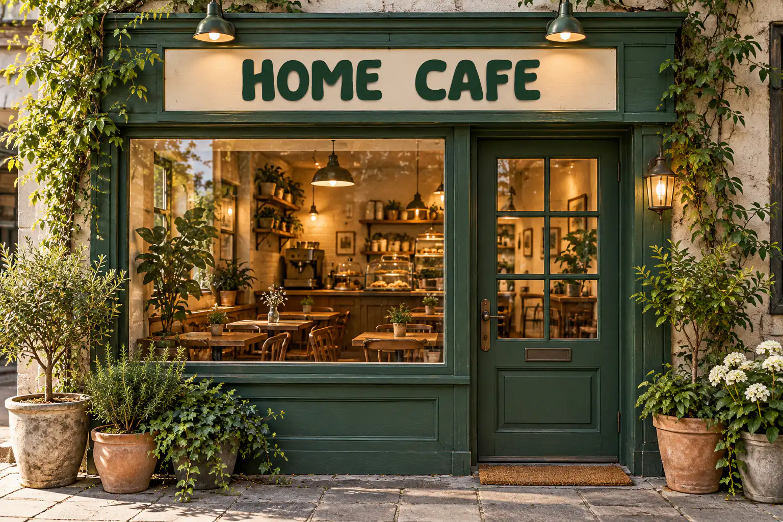 Matcha Home font on a cafe storefront sign reading HOME CAFE