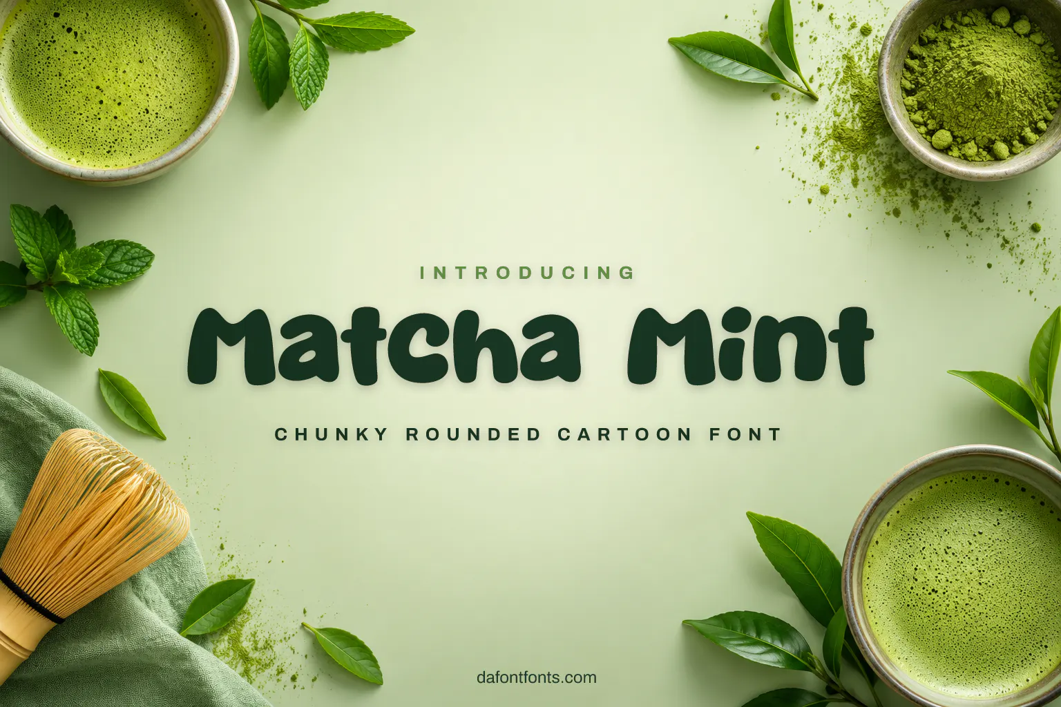 Matcha Mint font poster: chunky rounded letters with matcha bowls and mint leaves