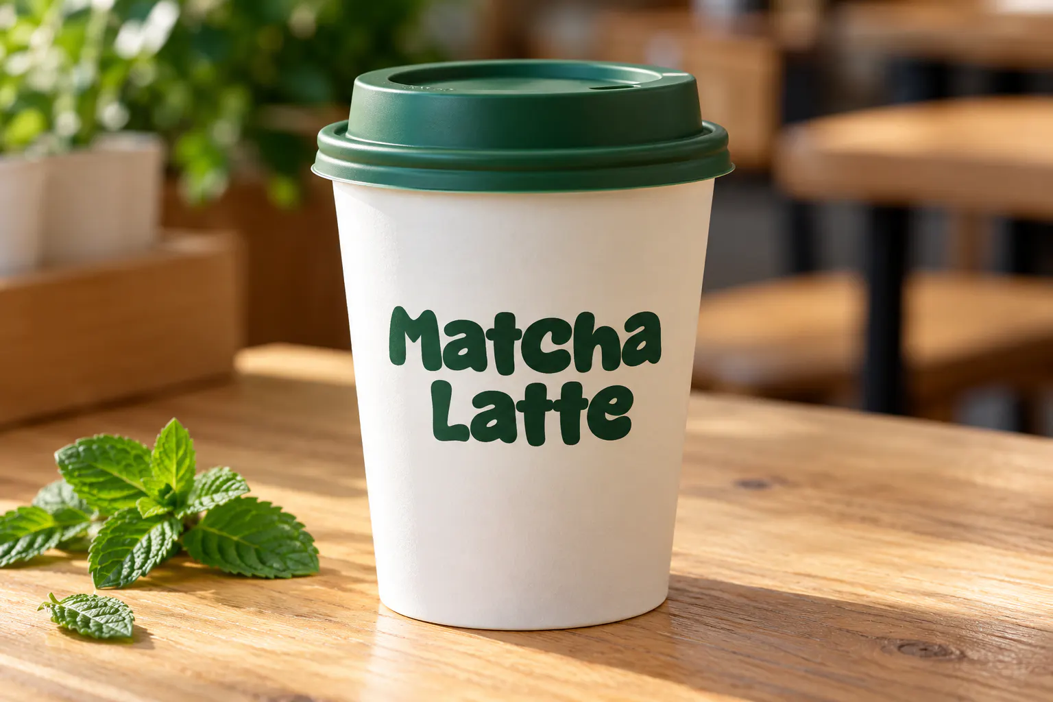 Matcha Mint font on a cafe cup reading Matcha Latte