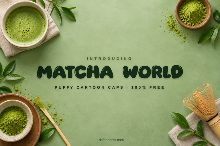 Matcha World font poster: puffy dark green capitals on a matcha green background with tea bowls