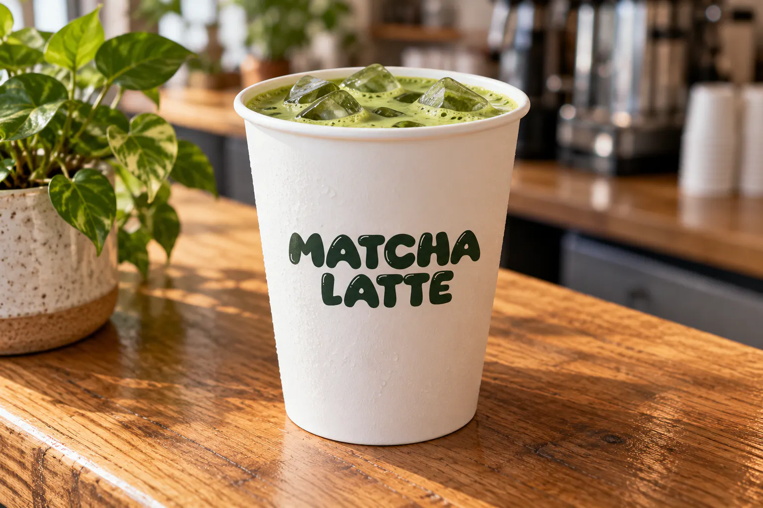 Matcha World font on a matcha cafe cup reading MATCHA LATTE
