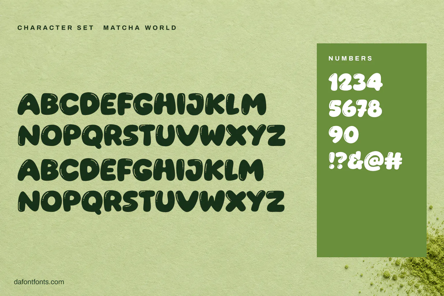Matcha World character set: two sets of capitals, numbers and symbols