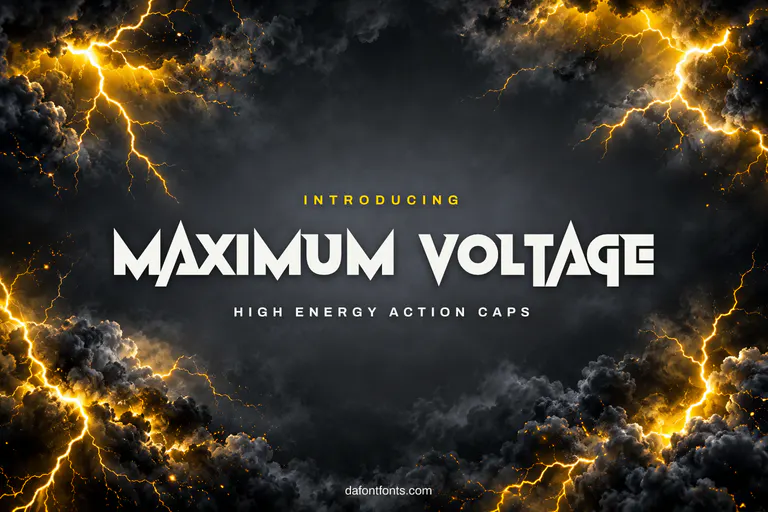Maximum Voltage font poster: action caps with lightning bolts and storm clouds