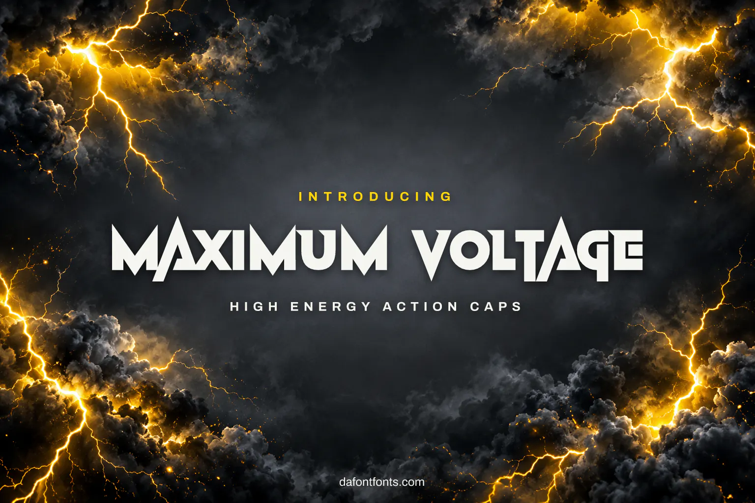 Maximum Voltage font poster: action caps with lightning bolts and storm clouds