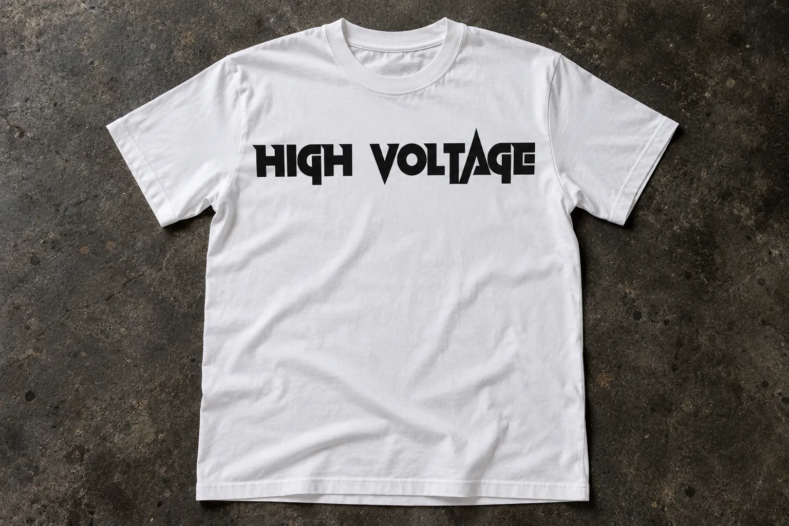 Maximum Voltage font on a t-shirt reading HIGH VOLTAGE