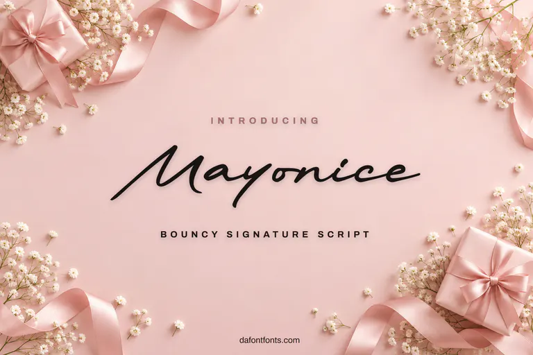 Mayonice font poster: black signature script on a soft pink gift background