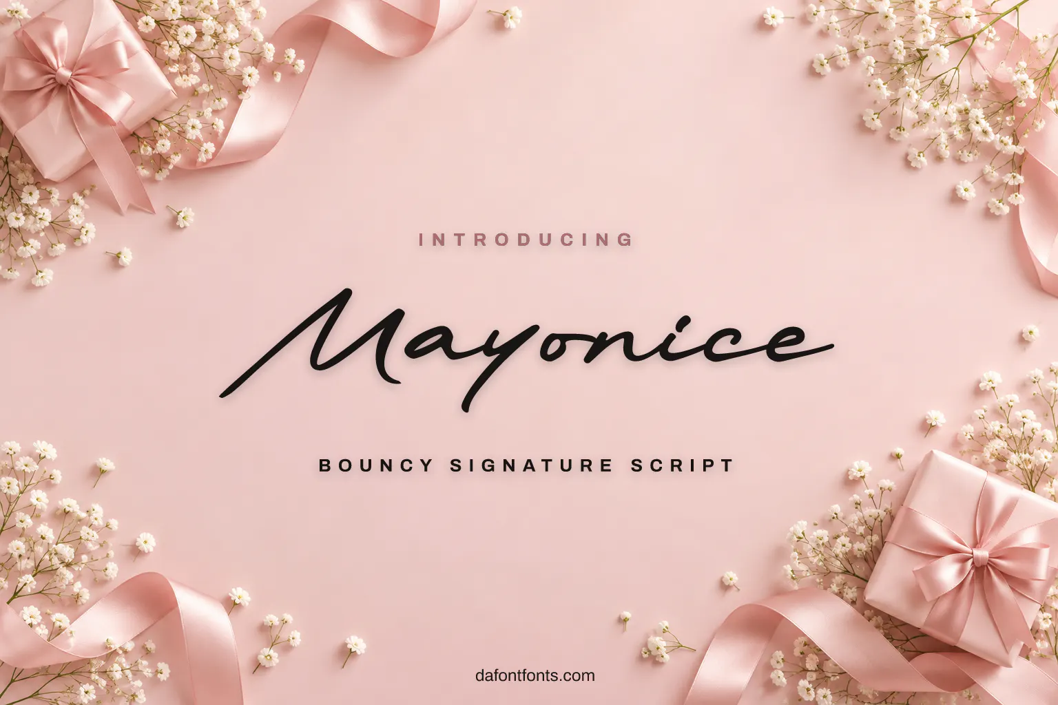 Mayonice font poster: black signature script on a soft pink gift background