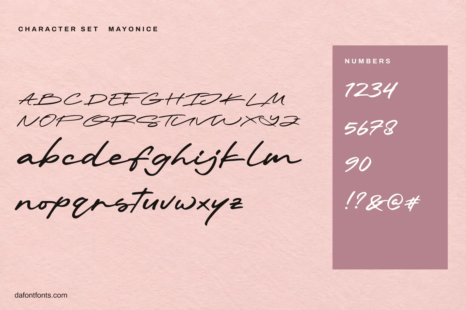 Mayonice character set: alphabet, numbers and symbols