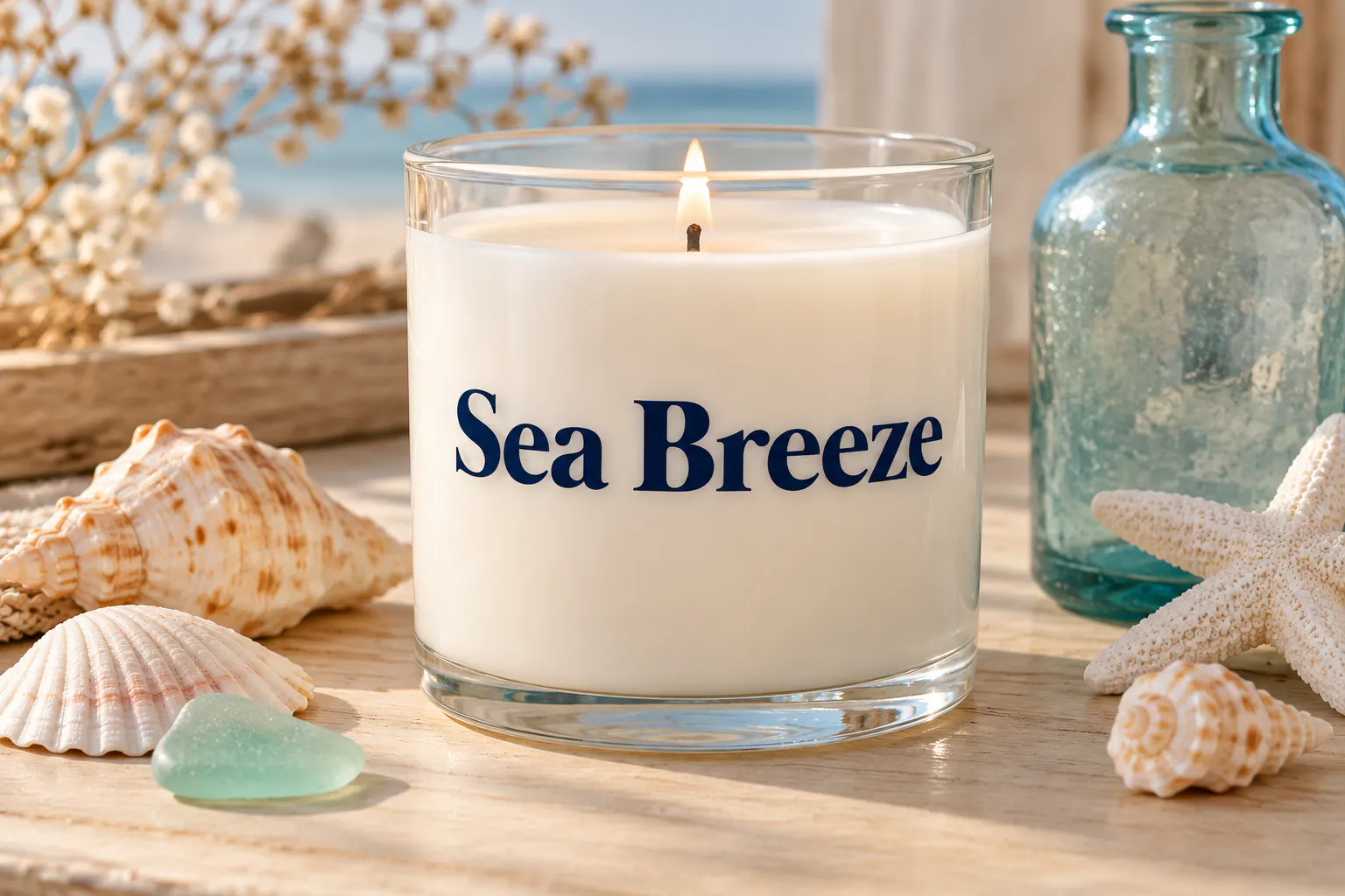 Mermaid font on a candle jar reading Sea Breeze