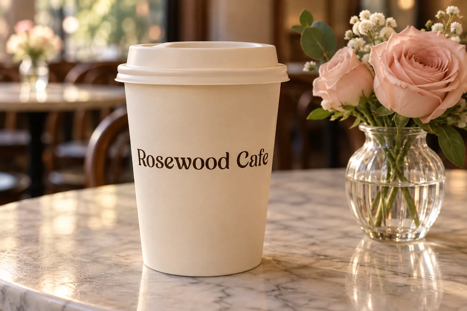 Merosa font on a coffee cup reading Rosewood Cafe