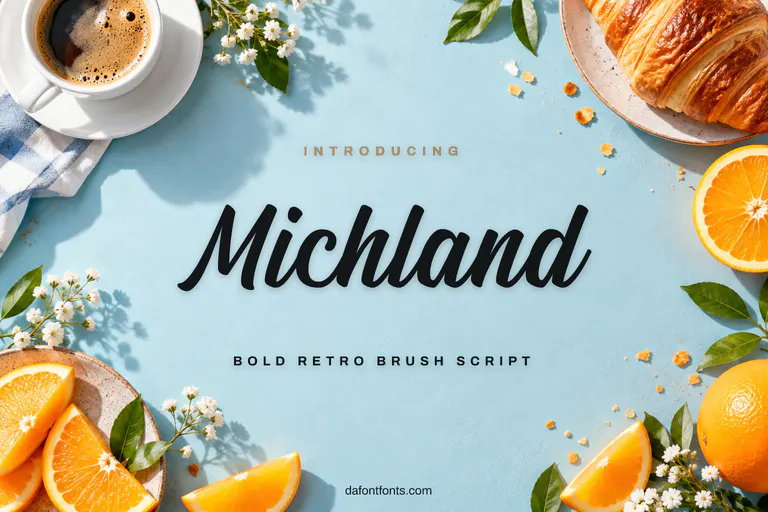 Michland font poster: black brush script on a sunny brunch background