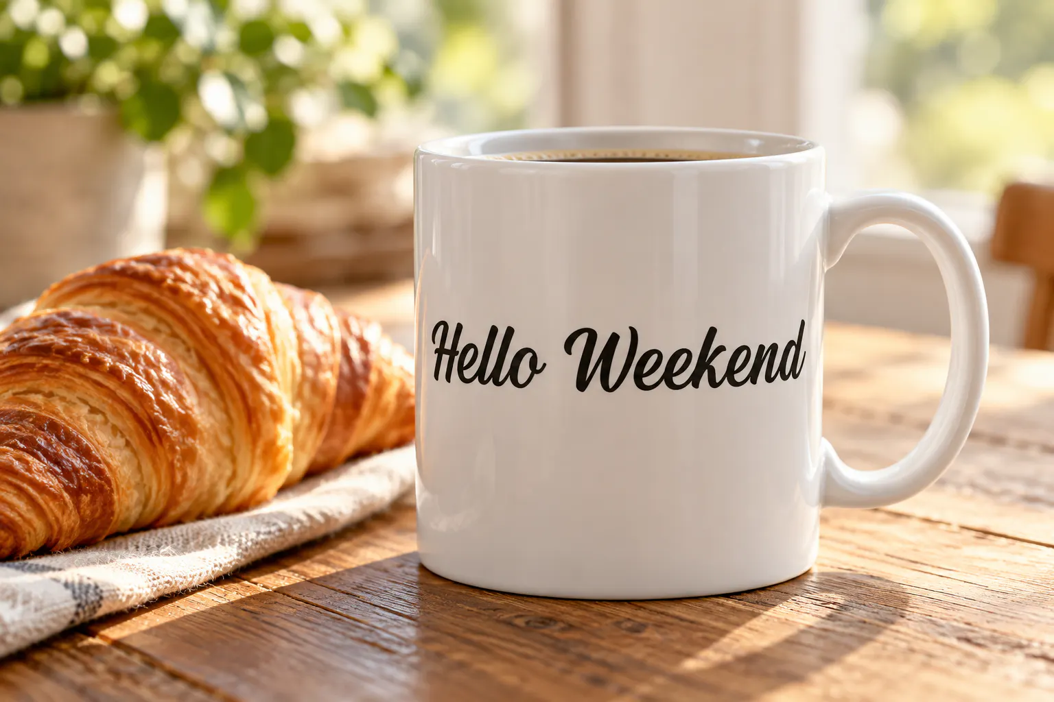 Michland font on a ceramic mug reading Hello Weekend