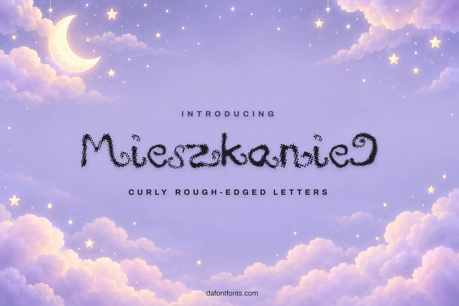 Mieszkanie9 font poster: dark curly letters on a dreamy night-sky background