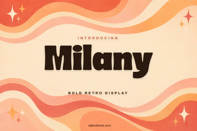 Milany font poster: dark brown retro letters on a peach and coral wavy background