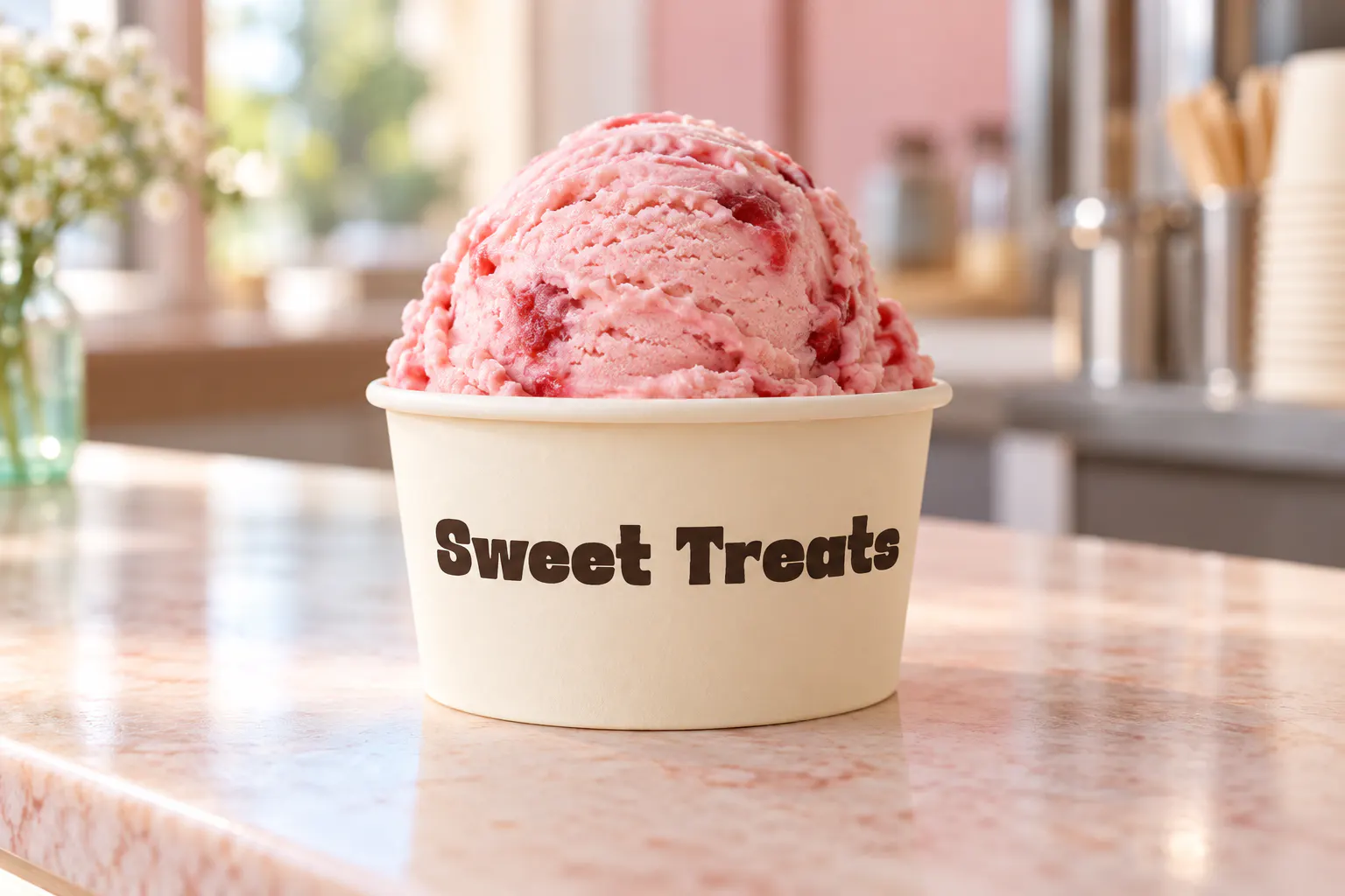 Milany font on an ice cream cup reading Sweet Treats