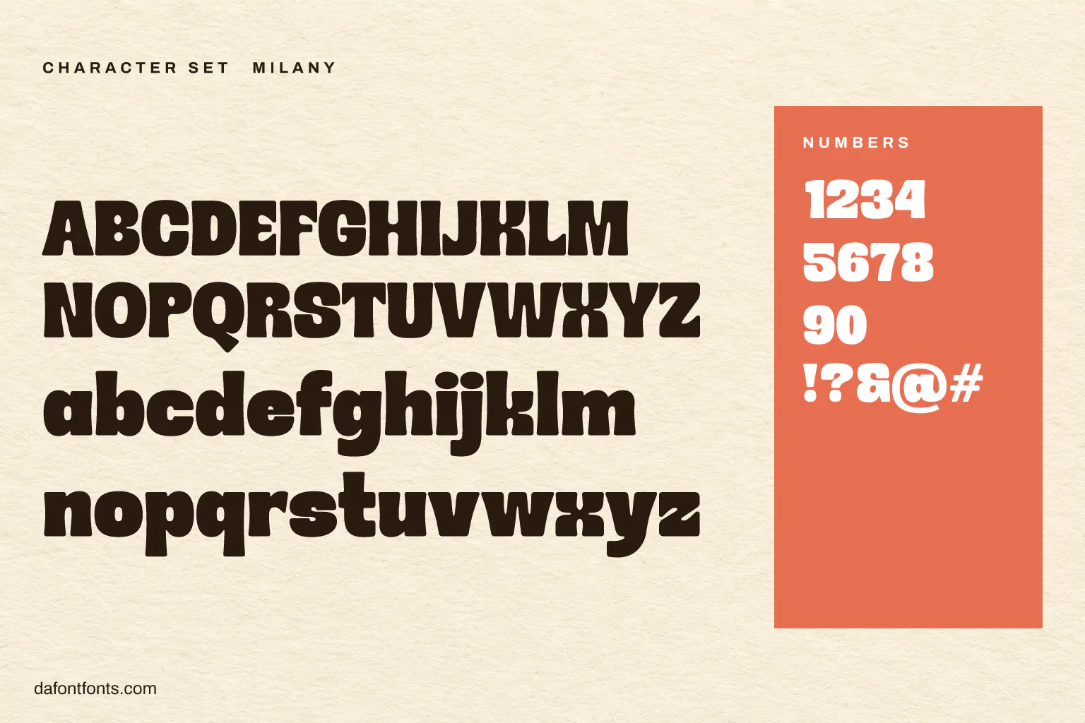 Milany character set: alphabet, numbers and symbols