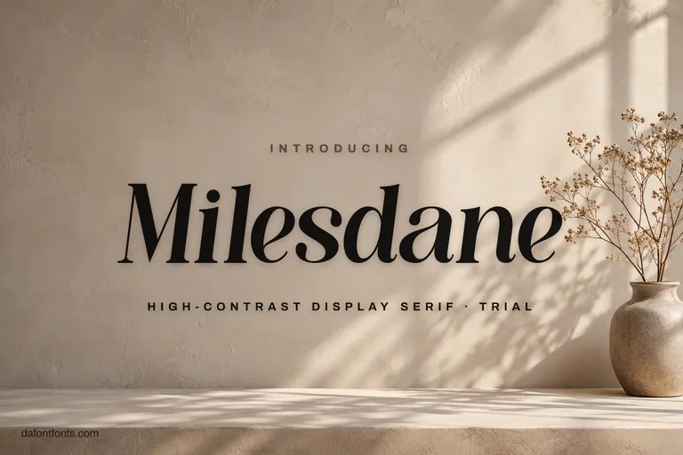 Milesdane font poster: black serif letters on a soft taupe background with a vase