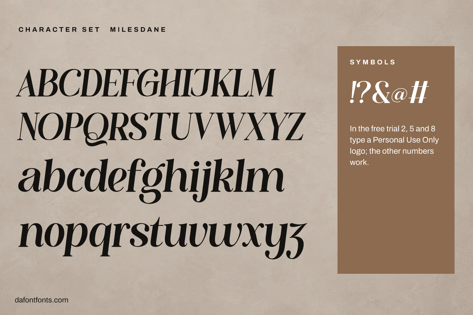 Milesdane character set: capitals, lowercase, numbers and symbols (the trial puts a logo on 2, 5 and 8)