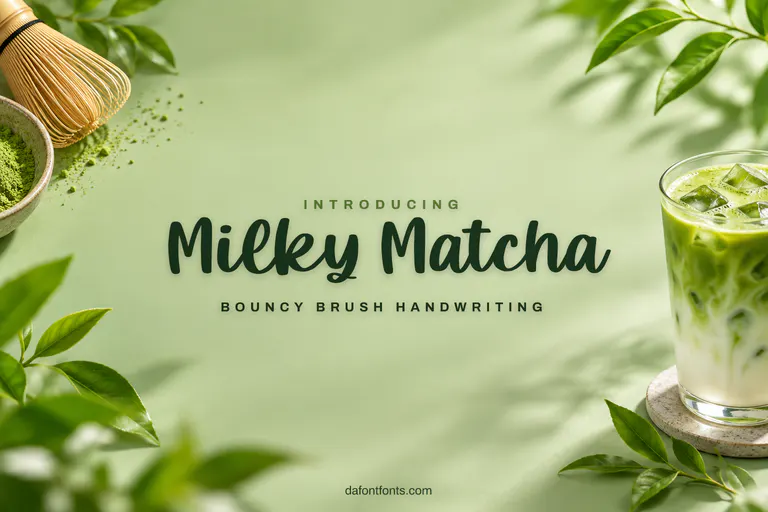 Milky Matcha font poster: black brush handwriting on a soft matcha green background with a latte