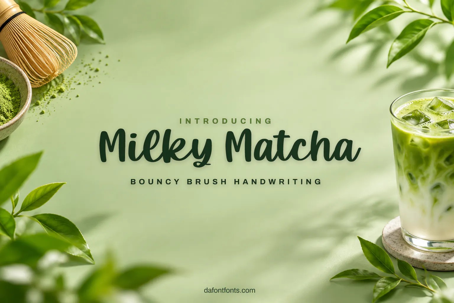 Milky Matcha font poster: black brush handwriting on a soft matcha green background with a latte