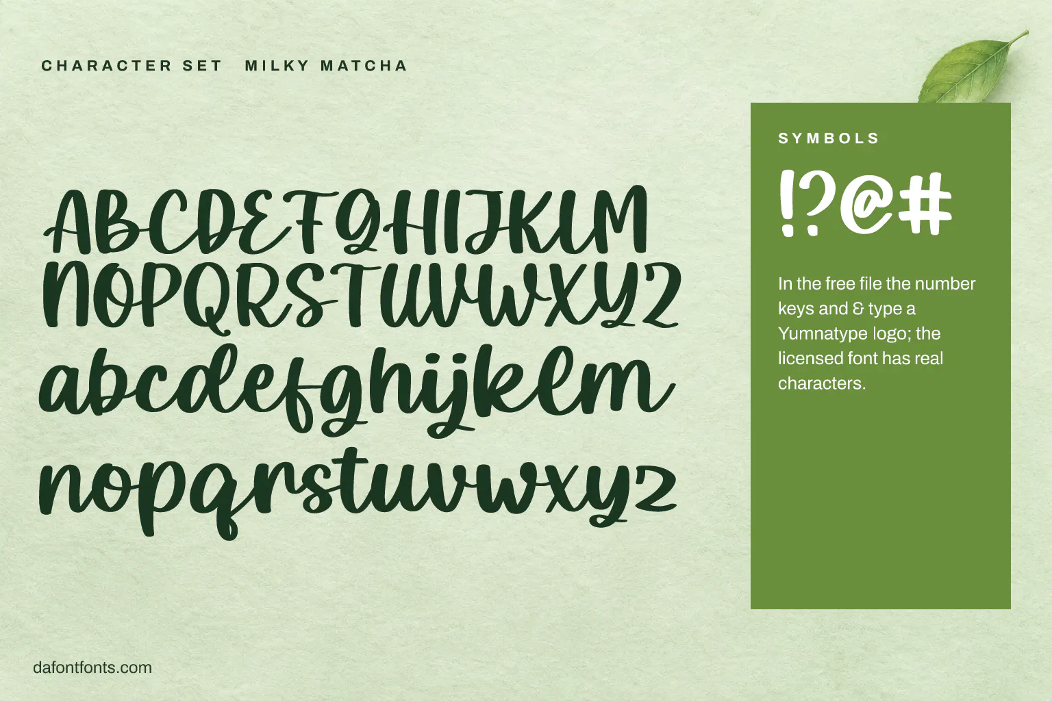Milky Matcha character set: capitals, lowercase and ! ? @ # (in the free file the number keys type a logo)