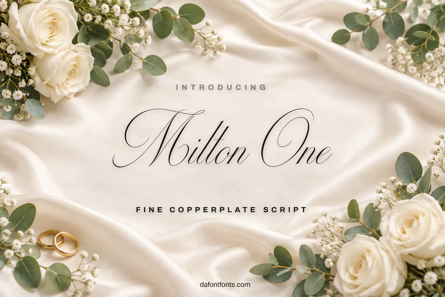 Milton One font poster: fine black script on an ivory wedding background