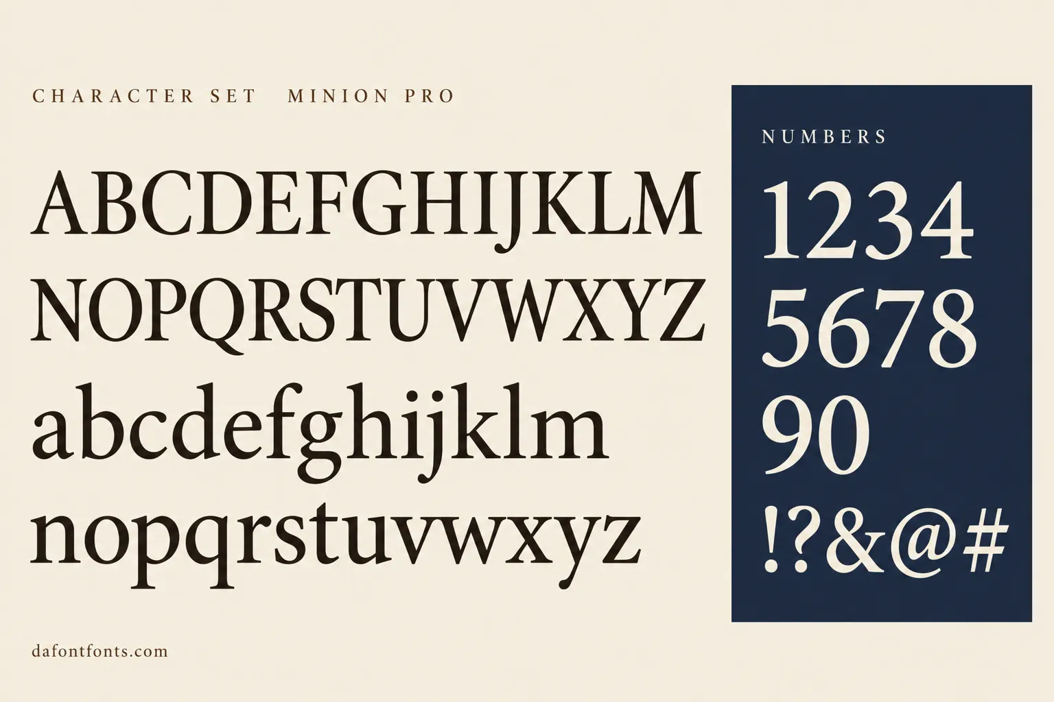 Minion Pro style character set: uppercase and lowercase alphabet, numbers and symbols
