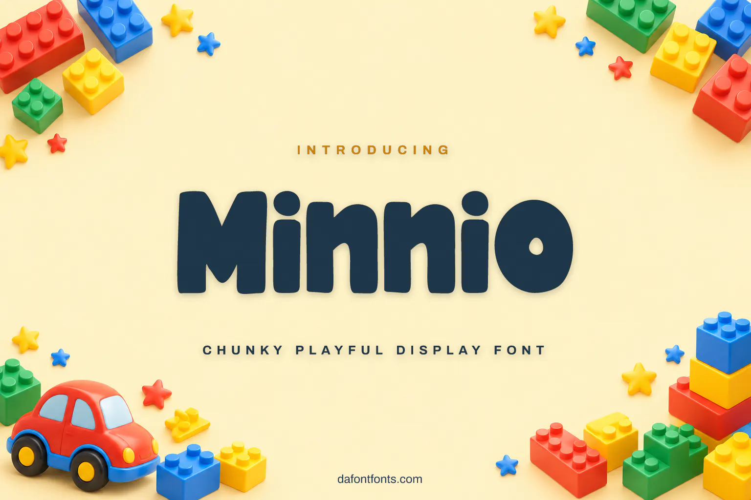 Minnio font poster: navy chunky letters on cream yellow with toy blocks