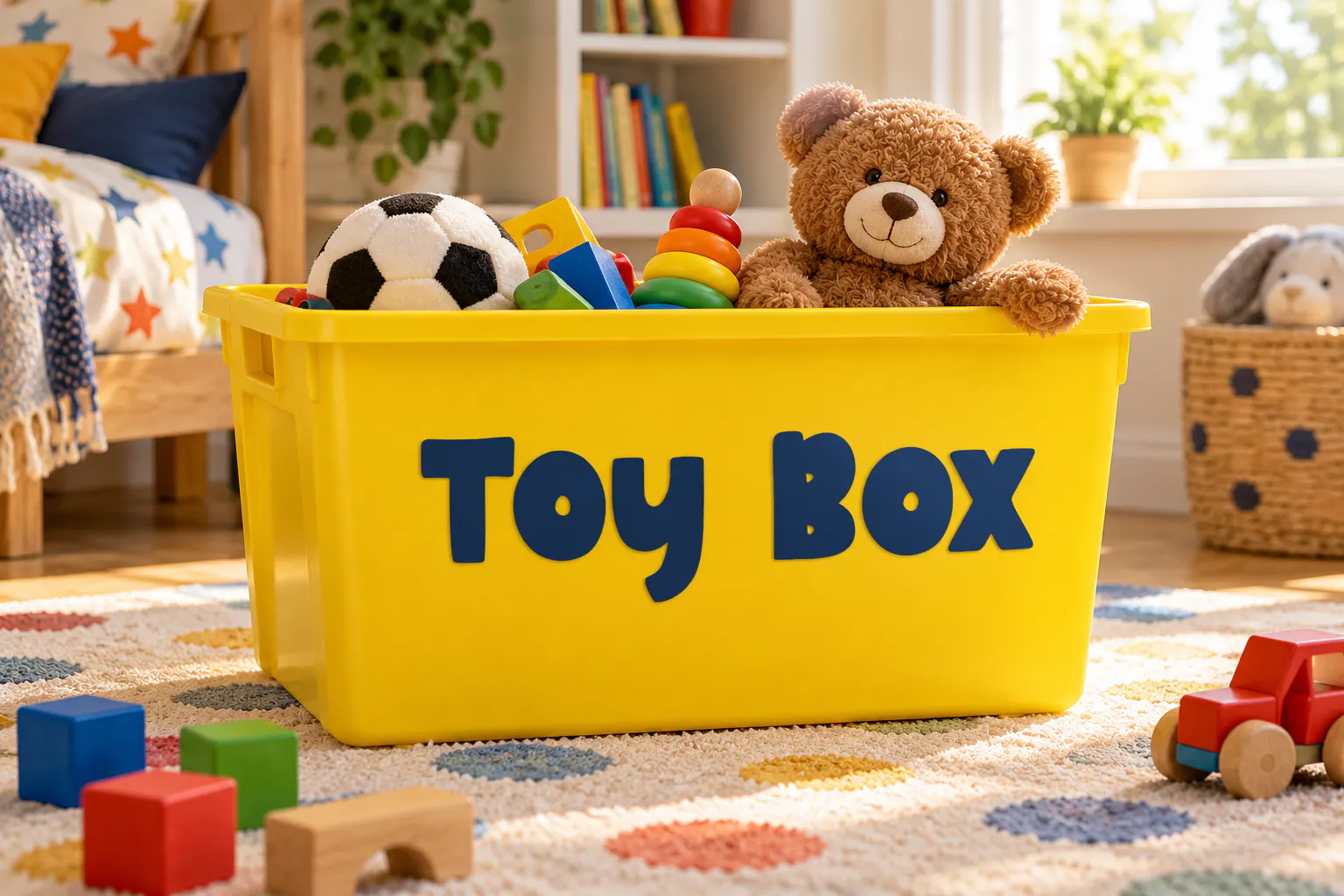 Minnio font on a toy storage box reading Toy Box
